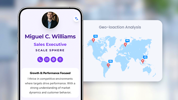Digital business card beside world map showing geo-location analysis pins